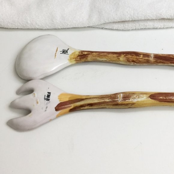 Mid Century Salad Bowl 11 1/2" + Serving Spoon & Fork Ceramic Italy 1954 Vintage - Picture 7 of 11